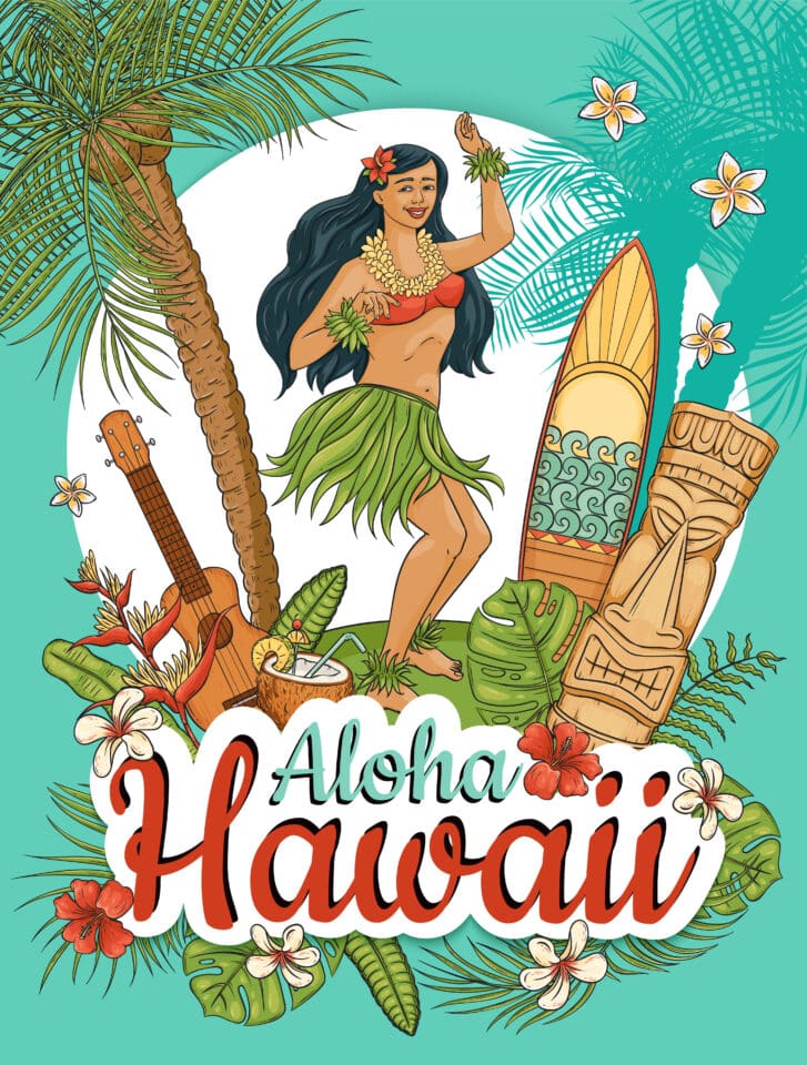 Hawaiian woman stand dancing hula surrounded by palms and flowers cartoon style, vector illustration. Aloha Hawaii summer poster design, girl and guitar and surfboard and totem and tropical plants