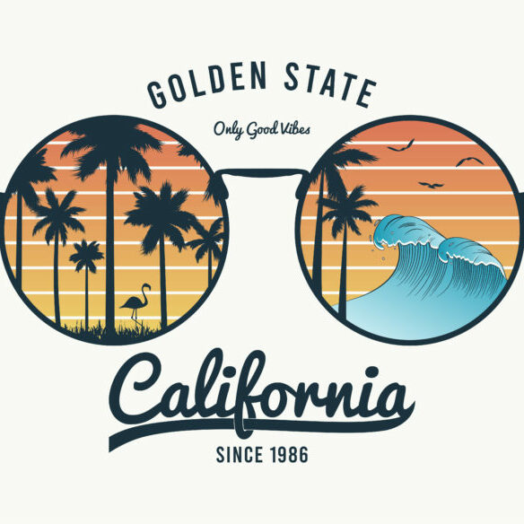 California t-shirt design with color sunglasses with palm trees silhouette, flamingo and waves. Sun glasses print for tee shirt with slogan, tropical palms and beach reflection. Vector illustration.