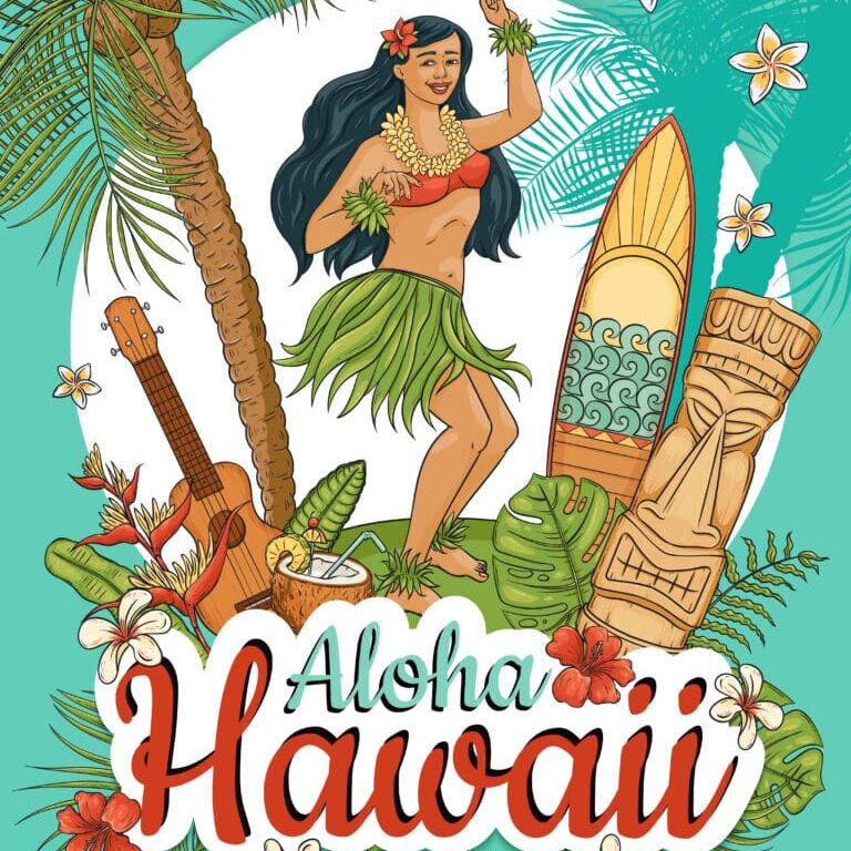 Hawaiian woman stand dancing hula surrounded by palms and flowers cartoon style, vector illustration. Aloha Hawaii summer poster design, girl and guitar and surfboard and totem and tropical plants